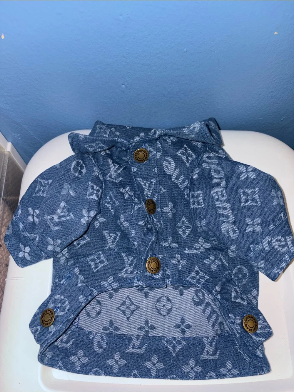 LV Supreme Logo Doggy Denim Jacket With Pup Crocs Design Booties
